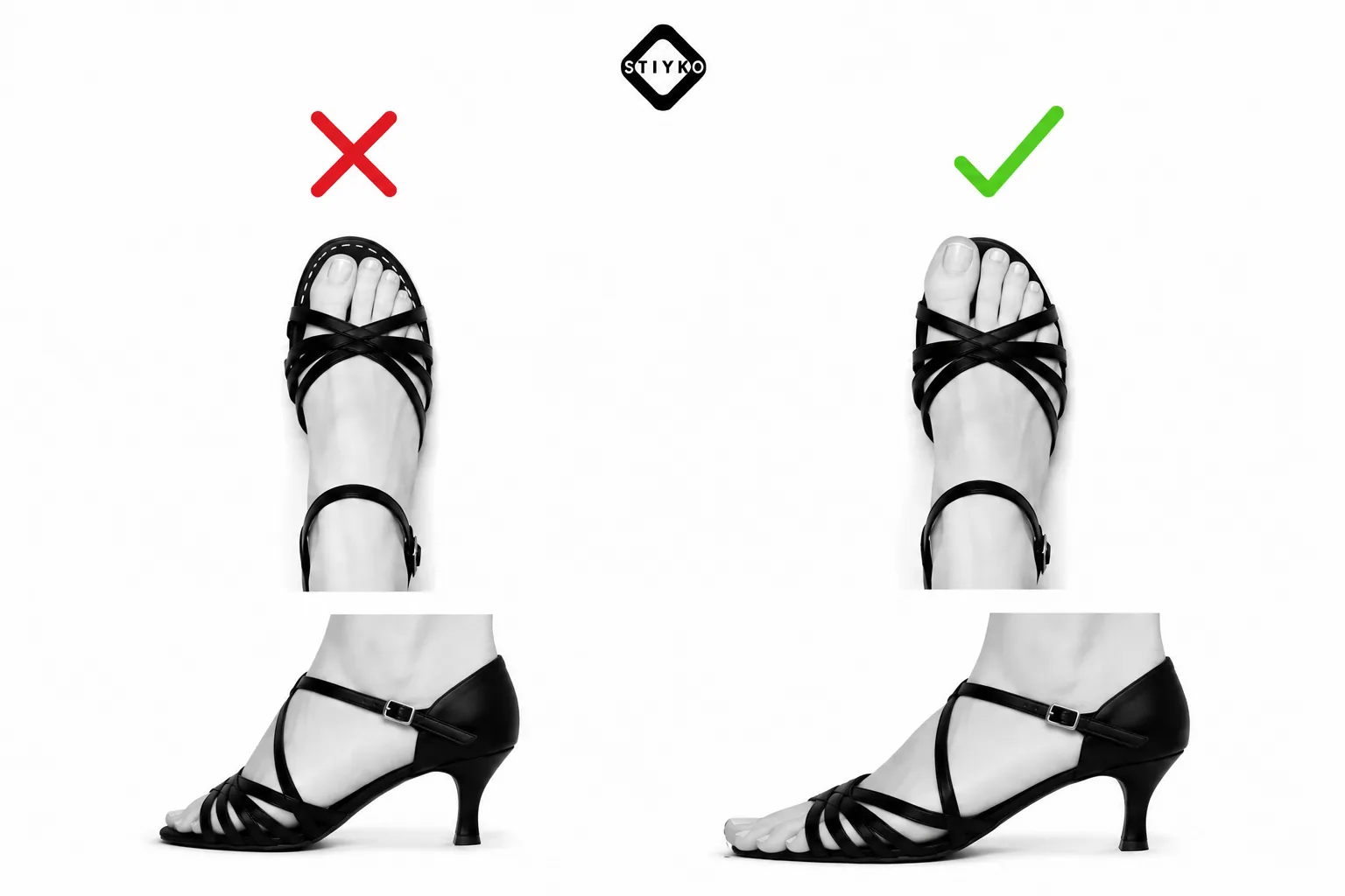 Comparison of incorrect and correct toe position in Latin dance shoes when the foot is pointed
