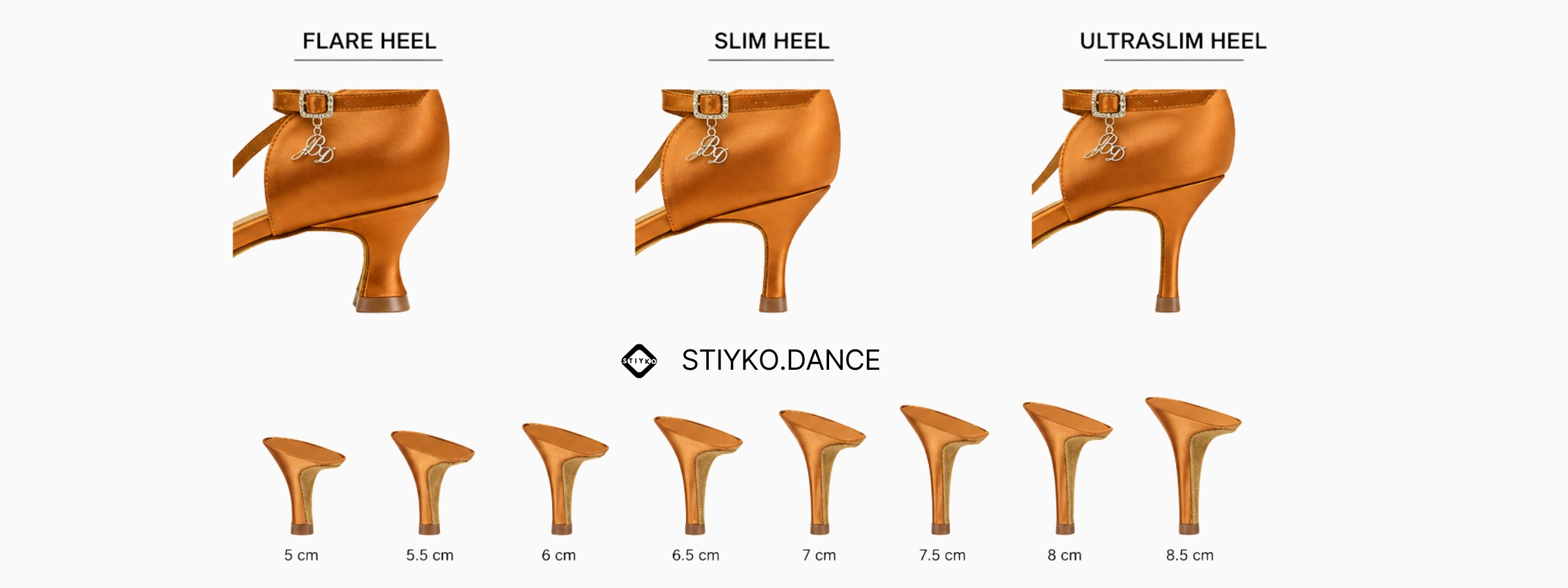 Ballroom dance heel chart — flare, slim and ultra slim heels, 5 cm to 8.5 cm